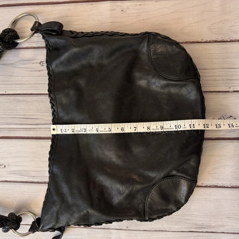 Ralph Lauren Black‎ Leather Braided Strap Hobo Shoulder Bag Whipstitch Rings